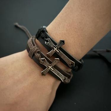 Imagem de Pulseira de cruz de couro trançado cristão para homens e mulheres, presentes para confirmação, batismo, design de nó deslizante ajustável, 18-23cm, Couro Metal, Sem Pedra Preciosa