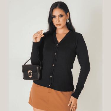 Imagem de Blusa Tricô feminina aberta com botões casaquinho manga longa frio inverno quentinha confortavel-Feminino