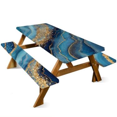Imagem de ANNA QUEEN Conjunto de capa de mesa de piquenique de 1,82 m ouro azul, 3 peças, 183 x 76 cm, à prova d'água, banco e toalha de mesa, proteção de móveis para acampamento, praia, churrasco, pátio