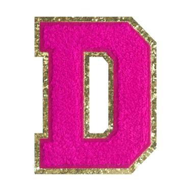 Imagem de 1 PÇ Patch de letra de chenille rosa de 11,4 cm com borda dourada – Remendos do alfabeto para roupas, jaquetas, mochilas, chapéus para decoração personalizada, nome personalizado e artesanato. (D)