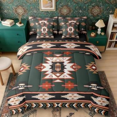 Imagem de Erosebridal Jogo de cama de casal e edredom ocidental | Conjunto de cama geométrico boêmio de 7 peças, decoração boêmia, asteca em uma bolsa, decoração de quarto de flecha tribal étnica, verde