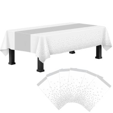 Imagem de Ammbeetty Toalha de mesa retangular de plástico, 6 unidades de toalha de mesa descartável, branca e prateada, capa de plástico retangular para decoração de festa de Natal, aniversário, casamento