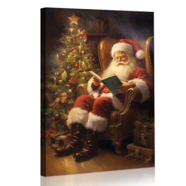Imagem de Decoração de arte de parede em tela de Natal Papai Noel sentado na árvore de Natal lendo um livro decoração de parede de Natal vintage grande impressões de arte de Natal emolduradas 30 x 40 cm
