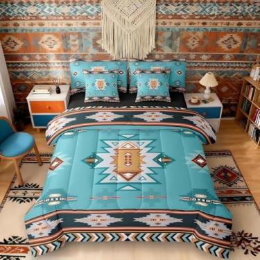 Imagem de Erosebridal Conjunto de edredom King Size Western Bed in a Bag, 7 peças | Conjunto de cama geométrico, boêmio, asteca, boêmio, conjunto de cama com flecha, tribal étnico, azul-petróleo