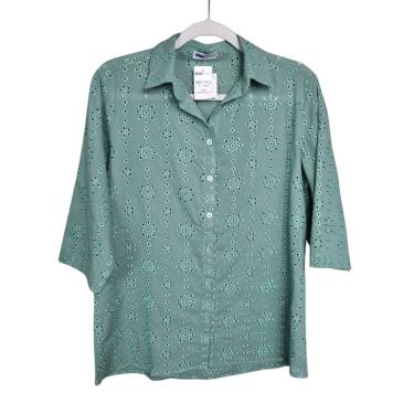 Imagem de Camisa Camisete Feminina Laise 100% Algodão Com Manga 3/4 Verde Plus Size Doce Brisa