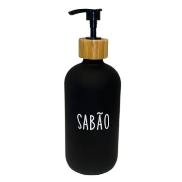 Imagem de Porta Sabão Líquido 500ml em Poliestireno com Detalhe em Bambu – Dispenser Preto Fosco Refil para Banheiro, Lavabo, Cozinha e Área Gourmet