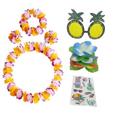 Imagem de Conjunto de tiara de guirlandas havaianas, conjunto de 6 peças de guirlanda de flores havaianas com óculos de sol de abacaxi para decorações de festa havaiana, férias na praia, colorido
