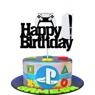 Imagem de FHPDDTUD Topper de bolo de videogame - controle de jogos PS5 - preto, prata - 1 pacote - 17 cm L x 12 cm A - Perfeito para bolos de 15 a 25 cm - Celebração/Festa - Neutro, Família de cores metálicas