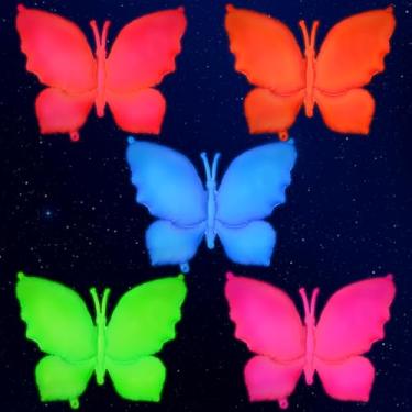 Imagem de Conjunto de 5 balões de borboleta neon Mega-L que brilham no escuro, vermelho fluorescente, amarelo limão, fúcsia, azul e laranja, perfeitos para aniversário, casamento, festa de formatura