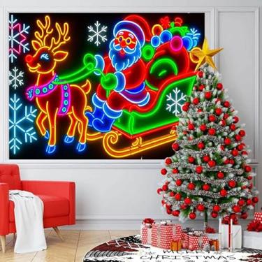 Imagem de BlissYard Tapeçaria de luz negra néon de trenó de Papai Noel reativo UV reativo brilha no escuro Feliz Natal rena decoração de férias de inverno país das maravilhas para quarto sala de estar 198 x 159