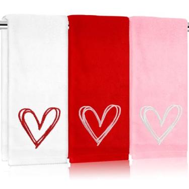 Imagem de FYSUIMU 3 peças de toalhas de mão de dia dos namorados bordadas vermelho rosa branco toalha de banho absorvente de coração para secagem à mão, cozimento, 74 x 35 centímetros