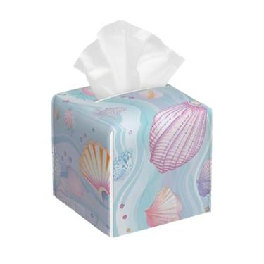 Imagem de Capa quadrada de couro para caixa de lenços à prova d'água, conchas do mar, organizador de papel facial colorido fofo com cinto inferior, estojo de lenços para mesa, banheiro, escritório, mesa, carro