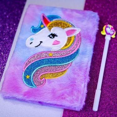 Imagem de Caderno De Pelúcia Infantil Unicórnio Papelaria Fofa Com Caneta Divert