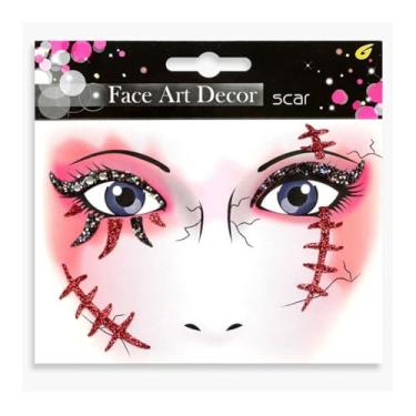 Imagem de Tatuagens temporárias de cicatrizes falsas de Halloween, adesivos rosa fofos realistas de Halloween para cosplay, festa de fantasia e maquiagem