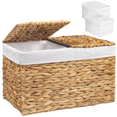 Imagem de Cesta de armazenamento de vime tecida à mão com 2 tampas e forros, cesta grande para roupas, brinquedos, cobertores, porta-malas de armazenamento dobrável, caixa de armazenamento para sala de estar e