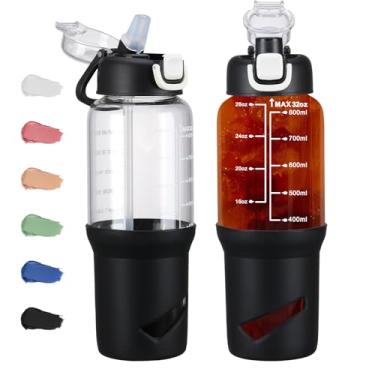 Imagem de SIEROZUR Garrafas de água de vidro de 946 ml com batedor de bola, coqueteleira para misturas de proteína, copo de vidro à prova de vazamento com 2 tampas e sem BPA, liquidificador para fitness, preto