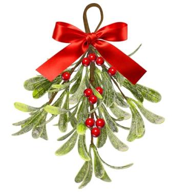Imagem de ataseat Decoração de visco - laço vermelho e frutas vermelhas enfeites de bola de visco de Natal, bola de beijo artificial folha seca decoração pendurada erva visco para árvore de porta (1)