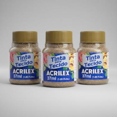 Imagem de Kit 3 Tintas para Tecido Glitter Acrilex Ouro 201 37ml | Brilho Intenso, Fixação a Frio, Alta Cobertura e Durabilidade para Customização e Artesanato