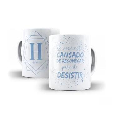 Imagem de Caneca de Cerâmica Personalizada com Monograma e Frase Motivacional, Mármore Branco e Azul, 325ml, Design Geométrico (h)