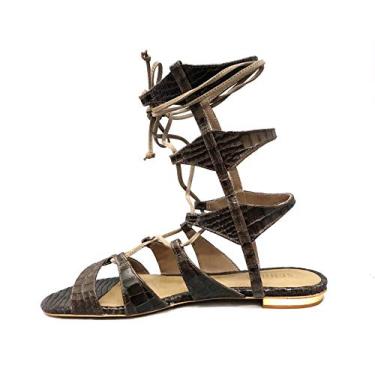 Imagem de Schutz Erlina Goat Brown Croco Leather Flat Crisscross Straps Gladiator Sandals (5, Brown)