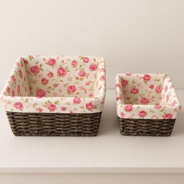 Imagem de Cestas de armazenamento de jacinto de água tecidas à mão com forro de algodão floral, conjunto de 2 — caixas organizadoras decorativas de tecido para prateleiras, armário, banheiro ou sala de estar