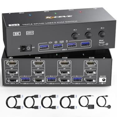 Imagem de KVM Switch 3 monitores 3 computadores 8K @60Hz 4K @144Hz, HDMI Dispalyport Triple Monitor KVM Switches com 4 portas USB 3.0 para dispositivos USB, suporta modo estendido/espelho, controle com fio e