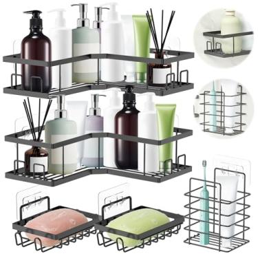 Imagem de Organizador de chuveiro de canto de 5 peças, organizador de chuveiro de aço inoxidável com suporte de sabonete, prateleiras de parede adesivas sem perfuração, sem rastros, chuveiros de banheiro