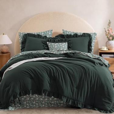 Imagem de BLOOMHAVEN Conjunto de edredom completo – 7 peças de cama com babados, verde floresta, cama de fazenda chique gasto em uma bolsa completa com edredom floral de babados, lençóis, fronhas e fronhas