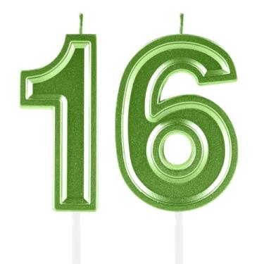 Imagem de Velas de aniversário de 16 anos, numerais verdes, decoração de topo de bolo, meninas, meninos, tema de aniversário, festa de casamento, aniversário de casamento, suprimentos para celebração