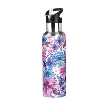 Imagem de Wassud Garrafa de água esportiva de aço inoxidável com garrafas de água isoladas com canudo copo de flores de desenho animado portátil colorido 946 ml