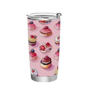 Imagem de Wassud Copo com padrão de bolo fofo com tampa e canudo de aço inoxidável de parede dupla copo isolado copo de viagem caneca de café para bebidas frias e quentes 590 ml