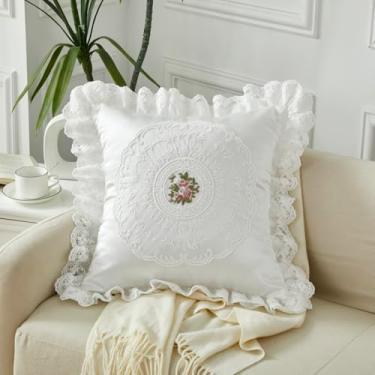 Imagem de Zinowas Capa de almofada de cetim com babados para cabelo e pele, capa de almofada branca com babados sedosos, fronhas de renda bordada, decoração de quarto de princesa 45,7 x 45,7 cm