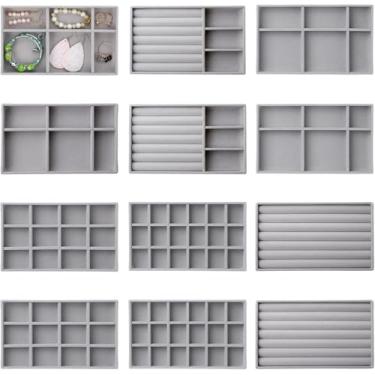 Imagem de 12 Pequenas Bandejas de Bijuterias Veludo Organizador Gavetas Inserção Empilhável Dividida Display Brincos Colar Anel Pulseira Relógio Armazenamento F