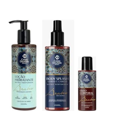 Imagem de Kit Árabe Parfum Inspiration Corpo Dourado Body Splash 250ml Óleo Corporal 120ml Loção Hidratante 250ml Perfume Oriental Amadeirado Alta Fixação Hidratação Profunda Nutrição Pele Macia Brilho Sedoso Ritual Sensorial Luxuoso
