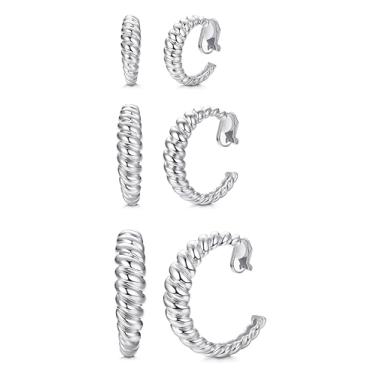 Imagem de Florideco 3 pares de brincos de pressão para mulheres, moderno, hipoalergênico, croissant, conjunto de brincos de argola sem piercing, Zinco, Sem pedra preciosa