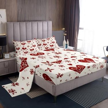 Imagem de Erosebridal Jogo de lençol casal com estampa de coração fofo | Jogo de lençol geométrico com estampa de coração de amor para crianças, meninas, lençol de cima, 4 peças com 2 fronhas