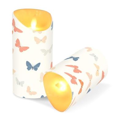 Imagem de ATTX Pacote com 2 velas pequenas borboletas pastel sem chama – Velas de pilar de LED de 7,6 cm x 15 cm com controle remoto e temporizador para casa, casamento, decoração de acampamento #141