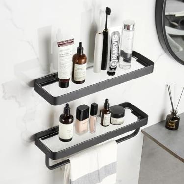 Imagem de Prateleira de Banheiro de Vidro de Dois Níveis, Porta Shampoo para Banheiro, 40cm Prateleira Organizadora Nicho para Banheiro, Não Requer Furação (Preta)