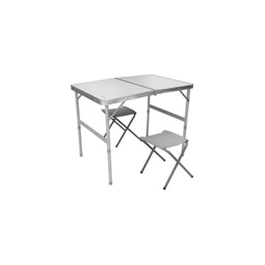 Imagem de Mesa Dobrável Tipo Maleta com 2 Banquetas, Alumínio e MDF Aluminizado, Branca, 90x60x70cm, Portátil para Camping, Praia e Piquenique