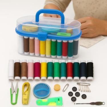 Imagem de Kit Linha de Costura Completo Com Agulhas Tesoura Botões Fita Metrica 