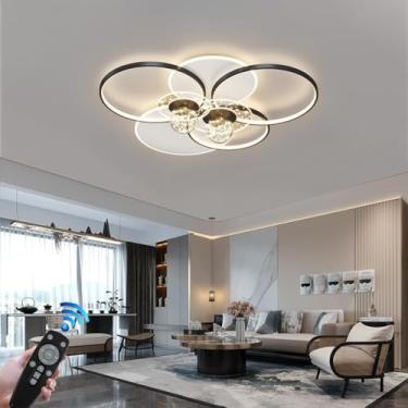 Imagem de Luminária de teto LED moderna e grande, 110W, para sala de estar, com design de anel preto, dimerizável e com controle remoto. Lustre para quarto, com cúpula de acrílico, ideal para cozinha,