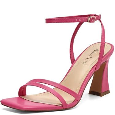 Imagem de AIUNIIND Sandálias femininas de salto alto, quadradas, abertas, com tira no tornozelo, salto social de 7,6 cm, confortável, Rosa choque, 37