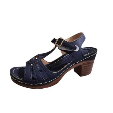 Imagem de Sandálias femininas de salto grosso com fivela oca e boca de peixe para uso casual de primavera e verão, Azul royal, 35