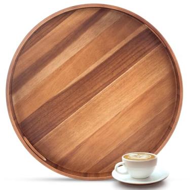 Imagem de Bandeja grande redonda de madeira, bandeja de mesa de centro otomana de 50 cm com alças, organizador decorativo de cozinha