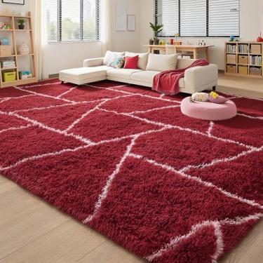 Imagem de FALARK Tapetes de área para sala de estar, quarto, lavável, antiderrapante, 1,7 x 18 m, vermelho e branco, tapete geométrico macio e felpudo para berçário, crianças, meninas, adolescentes, dormitórios