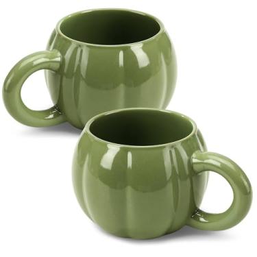 Imagem de VICSKY 2 canecas de café de abóbora - xícara de café grande de 500 ml com alça, copos 3D em formato de abóbora de Halloween, resistente ao calor e pode ser lavado na lava-louças para café/chá/cacau