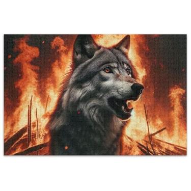 Imagem de Quebra-cabeça de lobo em chamas para adultos, 1000 peças, natureza, fofo, estampa animal, quebra-cabeças divertidos, presentes de jogo de quebra-cabeça engraçados