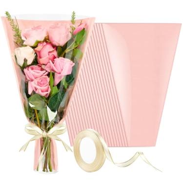 Imagem de Mauproy Pacote com 50 sacos de flores rosa para buquês, papel de embrulho de flores, mangas florais Kraft com fitas para casamento (45 x 30 cm)