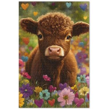 Imagem de Quebra-cabeça floral personalizado de vaca Highland Bezerro para adultos 1000 peças presentes grande quebra-cabeça jogo de arte, 75 x 40 centímetros