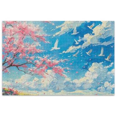 Imagem de Quebra-cabeça de flor de cerejeira voando pássaros céu para adultos 1000 peças decoração de arte pintura mordaça presente quebra-cabeça engraçado jogos presentes